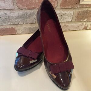 Kelly & Katie Burgundy Patent Leather Wedge with Grosgrain and Brass Bow Detail